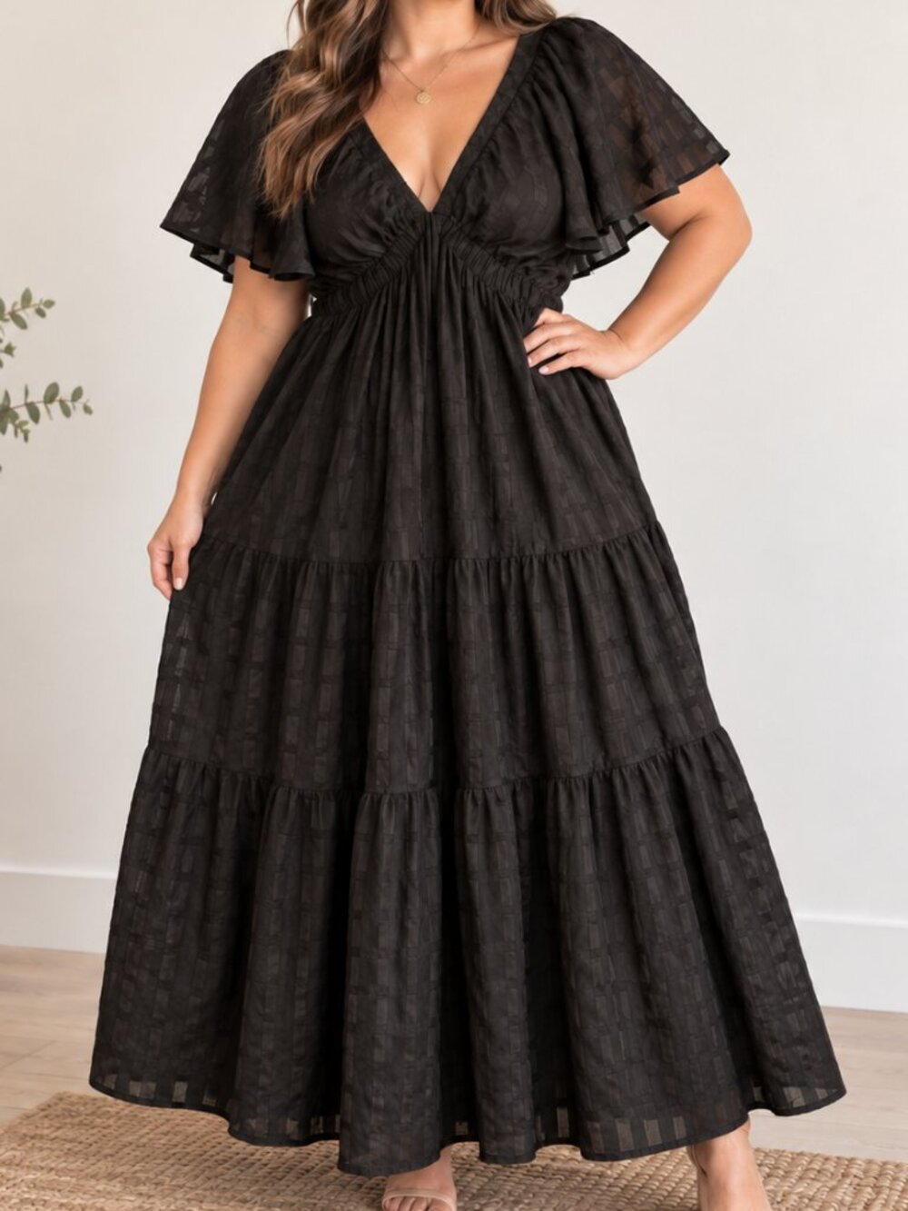 Arula Black Textured Flutter Sleeve V Neck Maxi Dress Plus Size